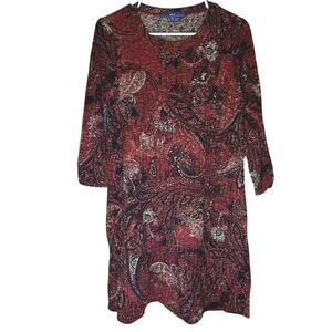 Apt 9 Burgundy Paisley Sweater Dress Medium Boho Knit 3/4 Sleeve